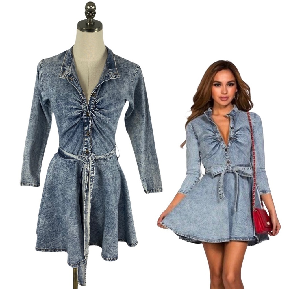 GJG Acid Wash Denim Mini Long Sleeves Dress